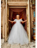 Cold Shoulder Beaded White Tulle V Back Princess Flower Girl Dress